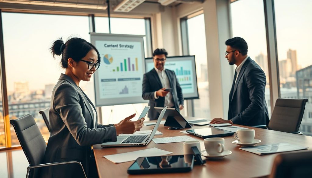 b2b content marketing services|A professional business scene showcasing a diverse team of three individuals in a modern office setting