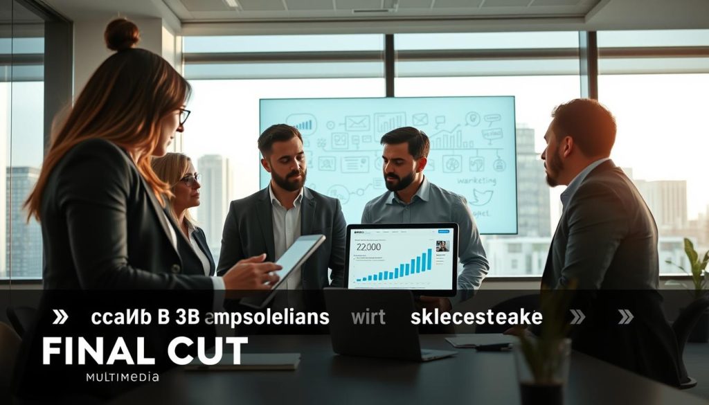 b2b social media marketing services|A dynamic office setting featuring a diverse team of professionals engaged in a lively brainstorming session for a B2B social media marketing strategy. In the foreground
