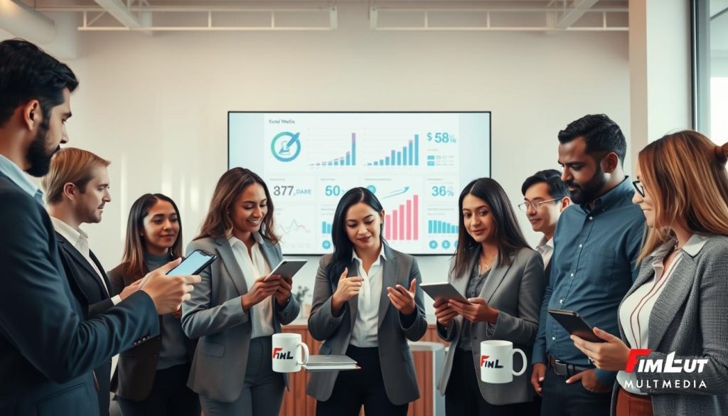 b2b social media services|A dynamic scene illustrating "Strategic Content Creation for Local Businesses" in a bright
