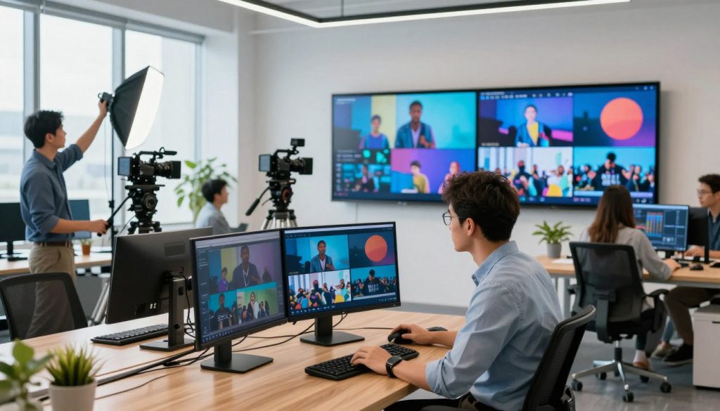 brand video production services|A modern office setting featuring a diverse group of professionals analyzing video marketing performance data. In the foreground