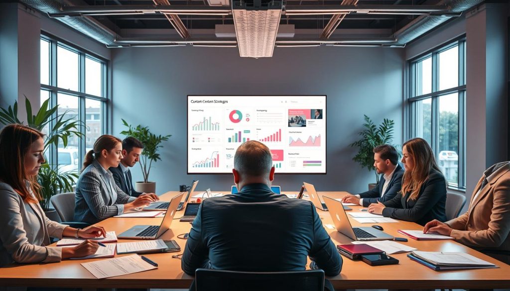 business content development services|A dynamic office scene showcasing a diverse group of professionals engaged in digital content creation. In the foreground
