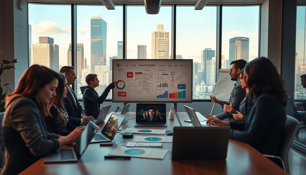 business content marketing services|A dynamic workspace showcasing the concept of "content strategy" tailored for a competitive business environment. In the foreground