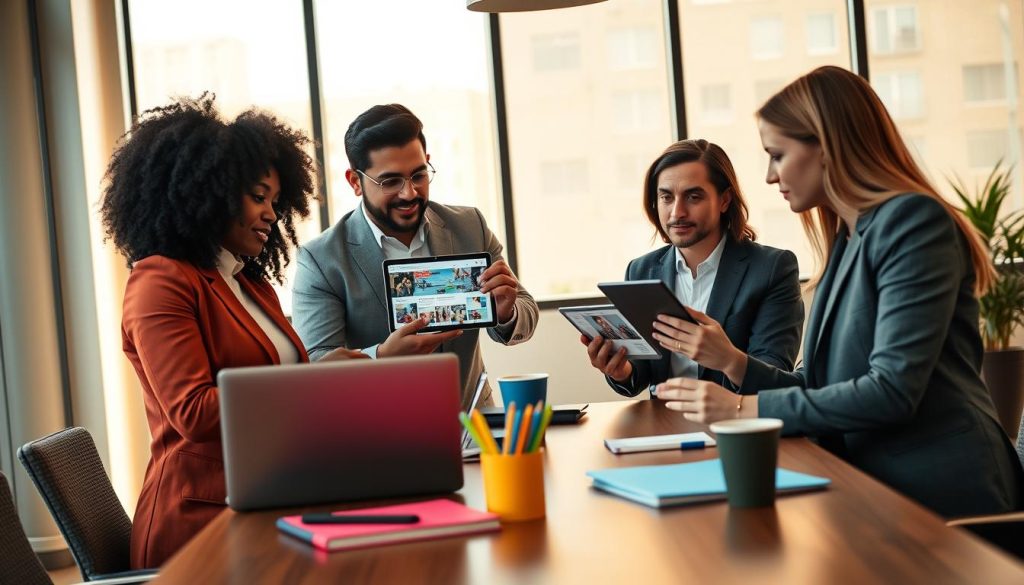 business social media content creation|A modern office environment featuring a diverse team of professionals engaged in tracking performance and audience engagement for social media. In the foreground