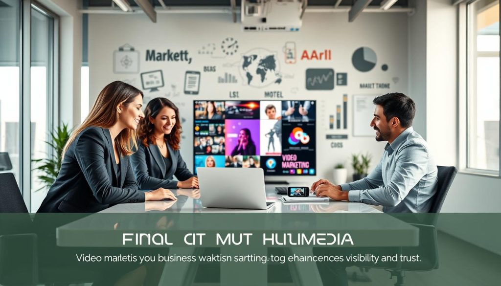 business video marketing services|A dynamic office setting with a diverse group of professionals actively collaborating on video marketing strategies. In the foreground