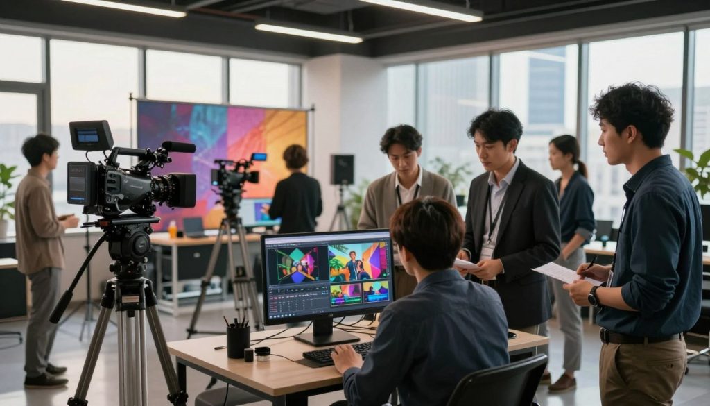 commercial video production services|A professional video editing studio showcasing high-quality visuals. In the foreground