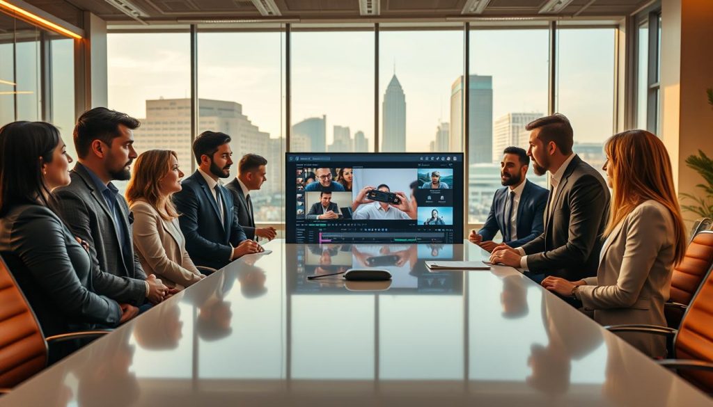content creation company|A modern office setting showcasing the concept of a monthly content retainer for businesses. In the foreground