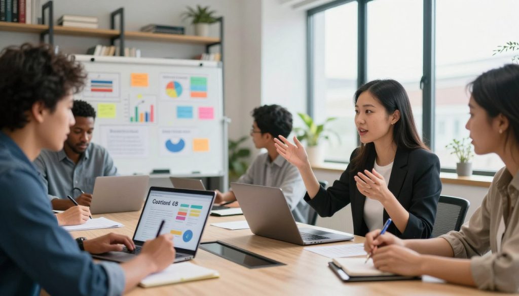 content creation services|A vibrant office setting showcasing diverse professionals collaborating on creative content. In the foreground