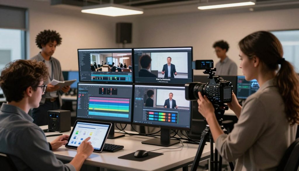 corporate video production services|A dynamic office scene illustrating the concept of "scaling your digital presence with expert support." In the foreground