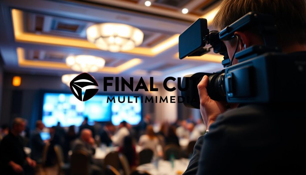 event videographer near me charlotte nc|A stylish event videography setup in a professional corporate environment. In the foreground