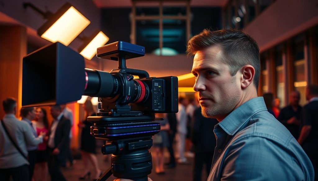 event videography in fort mill sc|A professional videography team from Final Cut Multimedia capturing a high-quality event recording in a well-lit and visually stunning setting. The scene showcases a modern event venue with sleek architectural details