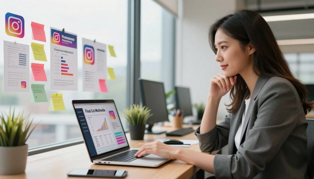 instagram marketing services|A dynamic office scene showcasing a team of diverse professionals collaborating around a sleek
