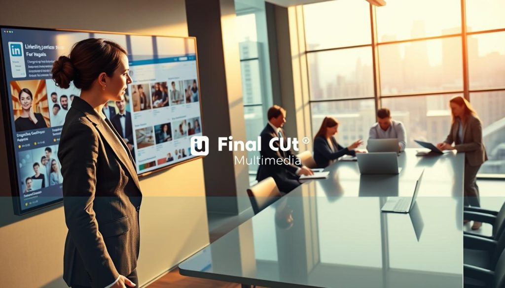 linkedin content services|A vibrant office setting showcasing a confident business professional from Charlotte