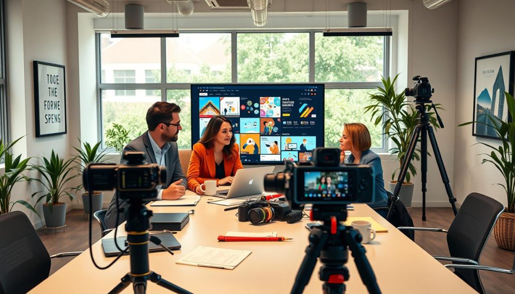 monthly content creation for business owners|A meticulously organized content calendar spread across a stylish wooden desk in a modern office setting. In the foreground