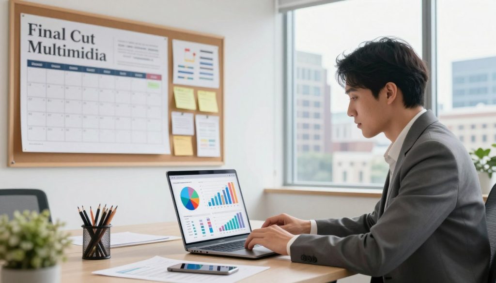 monthly social media management|A dynamic and professional office environment showcasing a diverse group of business people collaborating around a large conference table. In the foreground