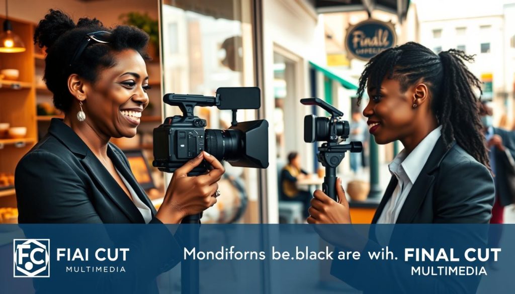 monthly video content for local businesses|A dynamic workspace scene showcasing a professional team engaging in the creation of short form video content. In the foreground