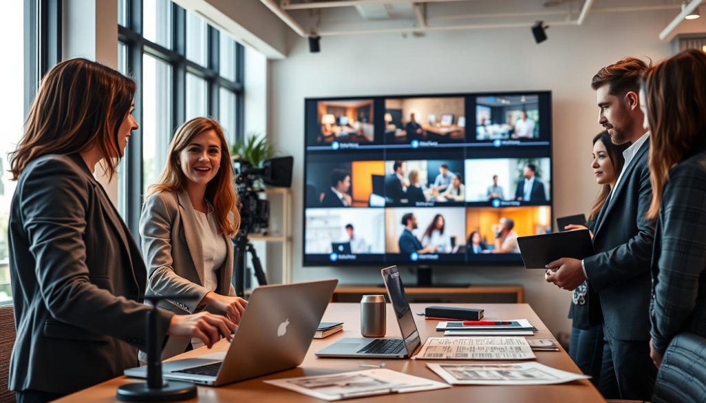short form video services|A modern office setting with a confident business professional in smart attire engaging with a diverse group of attentive peers
