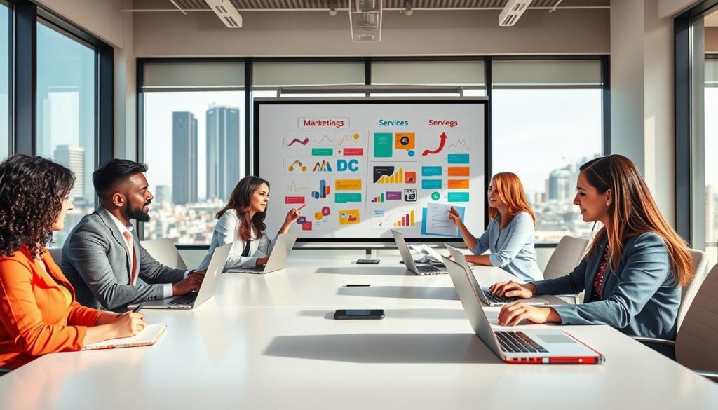 small business content marketing services|A vibrant office space showcasing the essence of content marketing for small businesses
