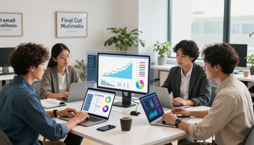 small business social media management|A professional workspace depicting social media management. In the foreground