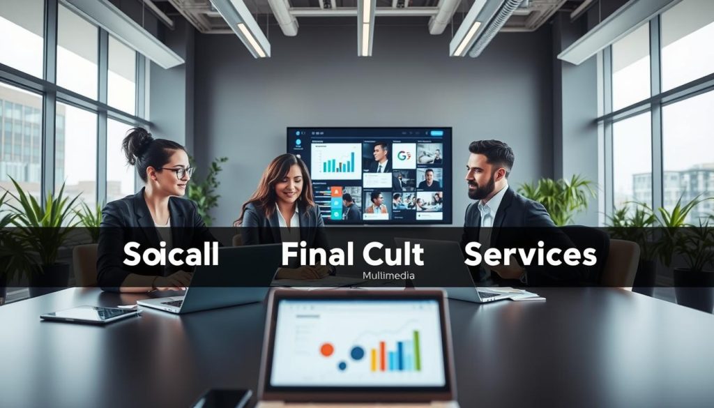 social media content services|A sleek modern office environment serves as the background