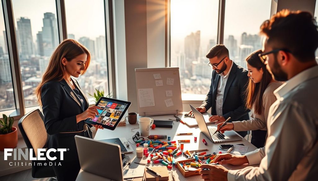 social media creative services|A visually engaging office scene highlighting strategic messaging for local business marketing. In the foreground