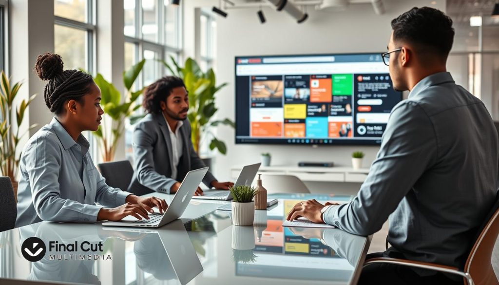 social media management company|A dynamic office scene showcasing professional social media management. In the foreground