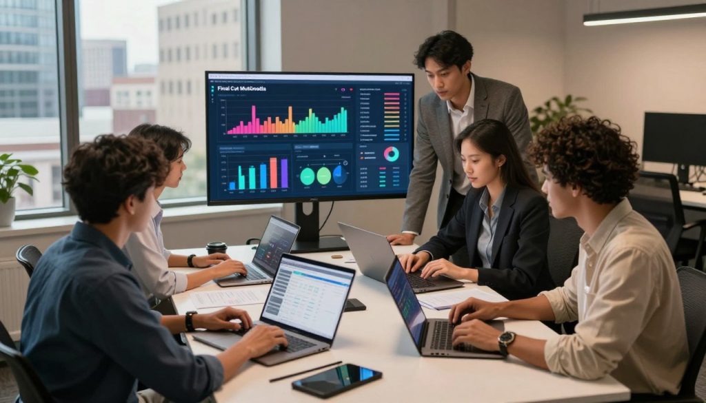social media management company|A modern office environment showcasing a diverse group of professionals engaged in a lively discussion around a table