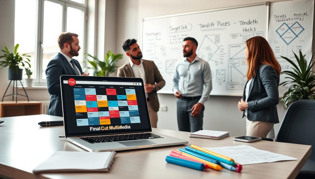 social media management plans|A modern office environment showcasing the concept of strategic messaging for social media