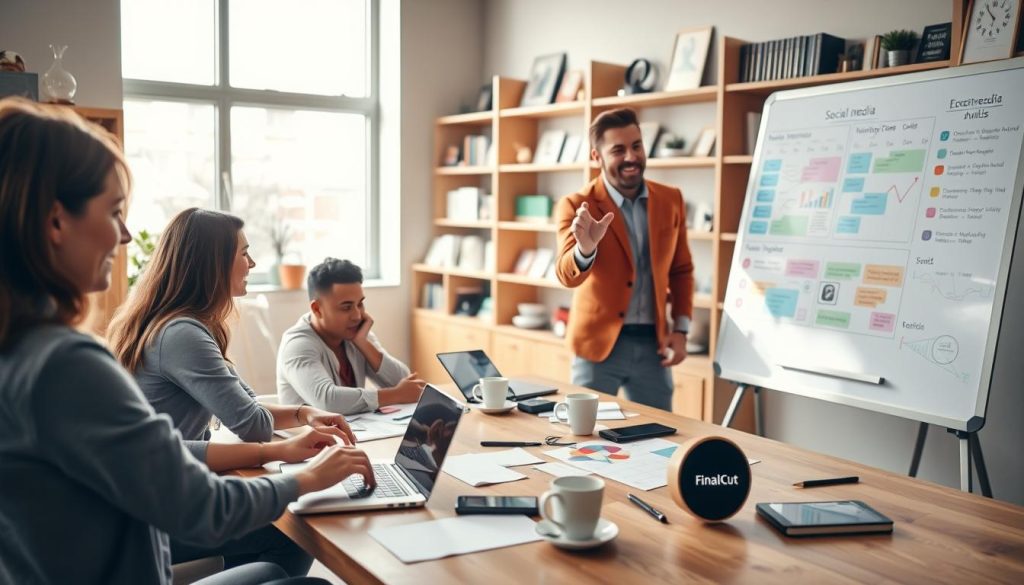 social media management retainer|A dynamic and impactful office environment showcasing "Final Cut Multimedia" at the forefront of strategic messaging. In the foreground