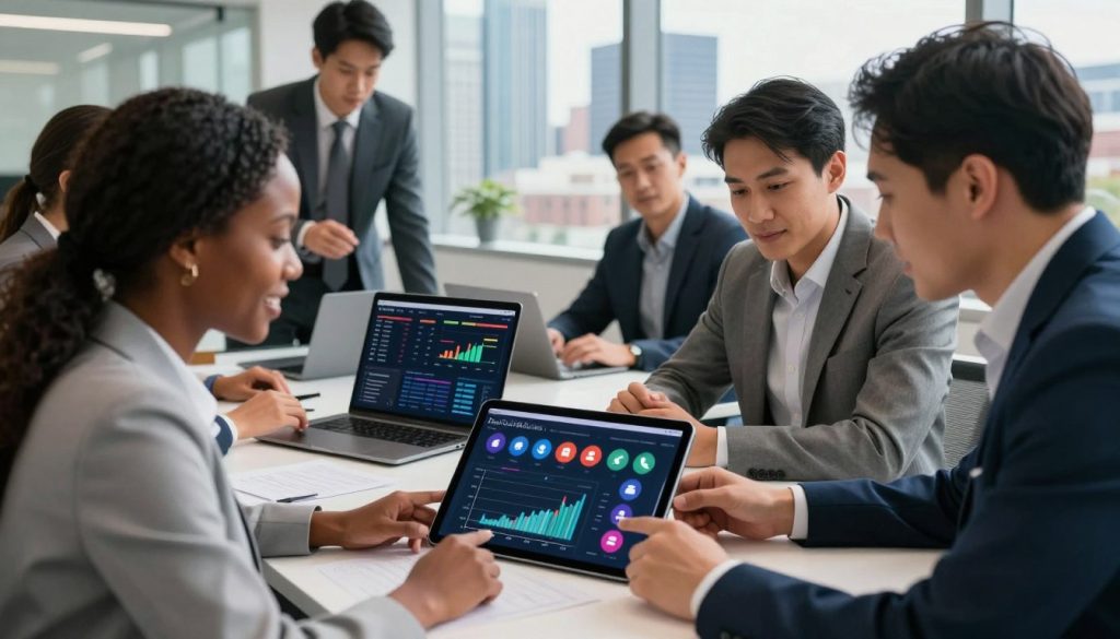 social media management services|A dynamic office environment showcasing a modern workspace filled with vibrant marketing materials. In the foreground
