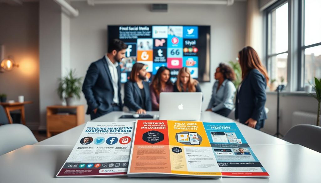 social media marketing packages|A modern office scene depicting a diverse group of professionals engaged in social media management. In the foreground