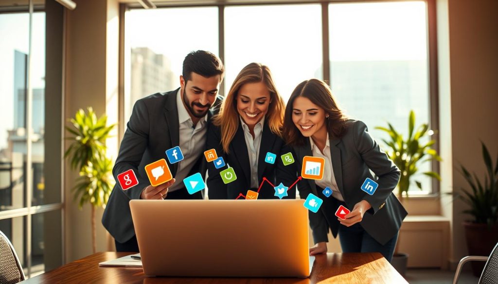 social media marketing retainer|A dynamic workspace scene focused on video content creation for social media marketing. In the foreground