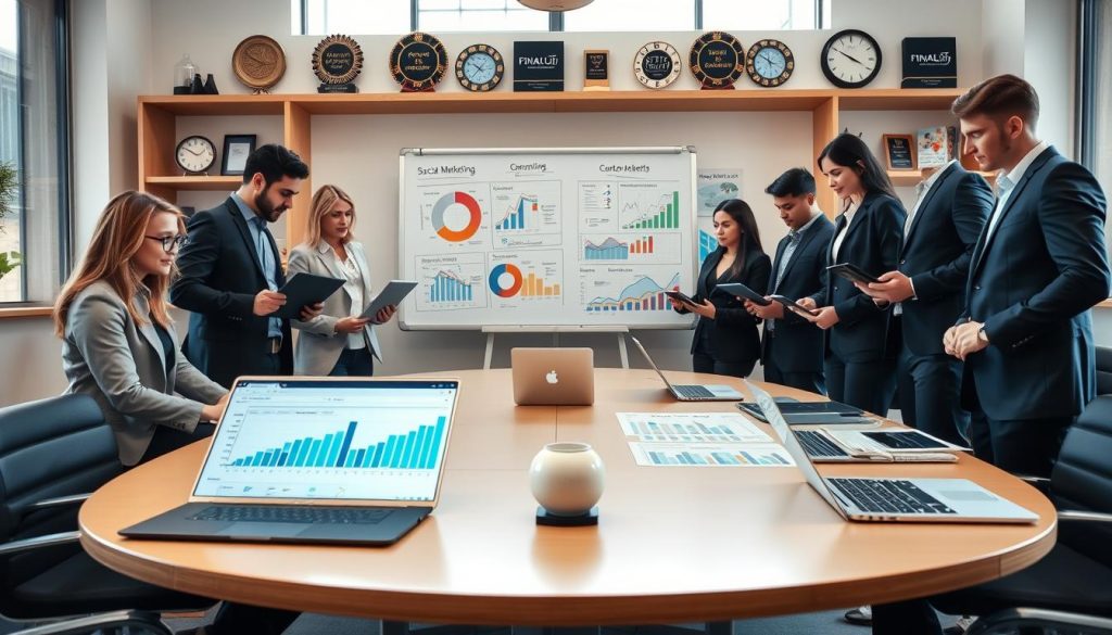 social media optimization services|A visionary digital workspace showcasing "Final Cut Multimedia" as a hub of social media optimization. In the foreground
