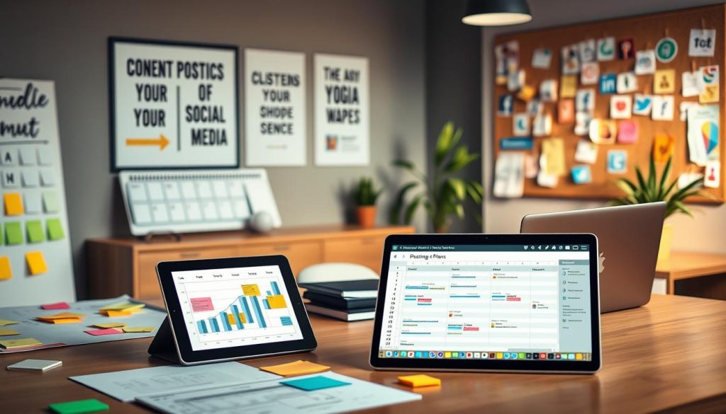 social media posting plans|A modern office space showcasing the concept of "social media performance." In the foreground