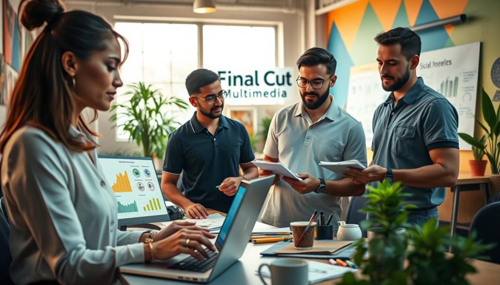 social media support for small business|A visually striking scene depicting a vibrant workspace for short-form video content creation. In the foreground