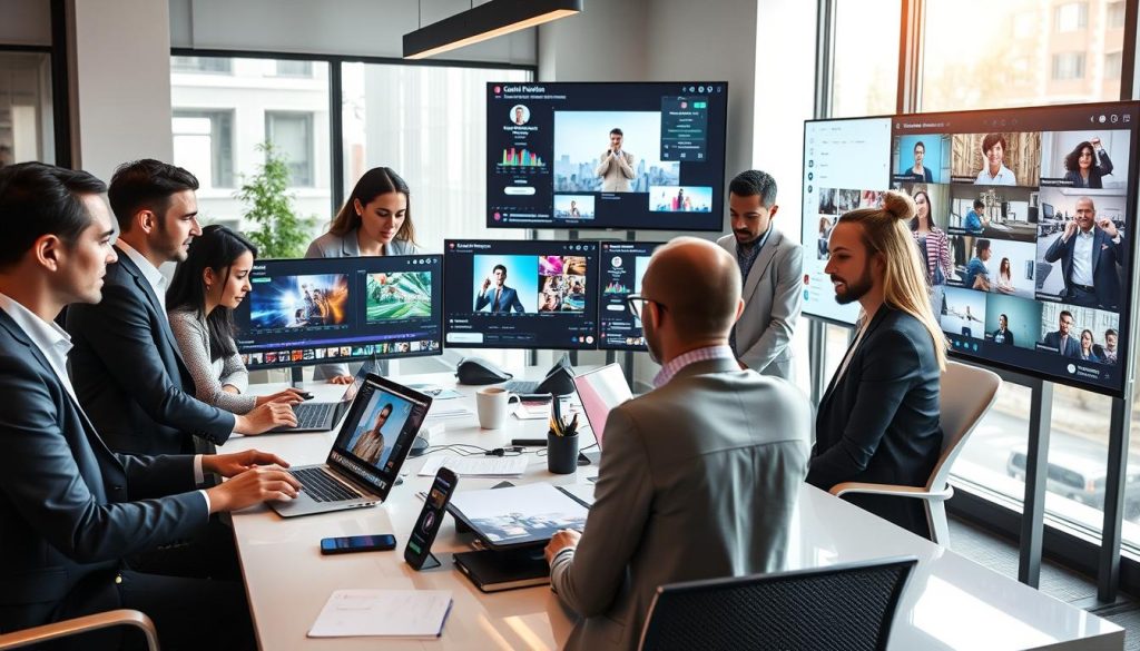 social media video content services|A vibrant digital workspace showcasing a diverse team of professionals engaging in a video production session for social media. In the foreground