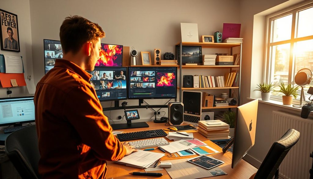 social media video editing services|A dynamic workspace showcasing the process of transforming raw footage into high-performing video content. In the foreground