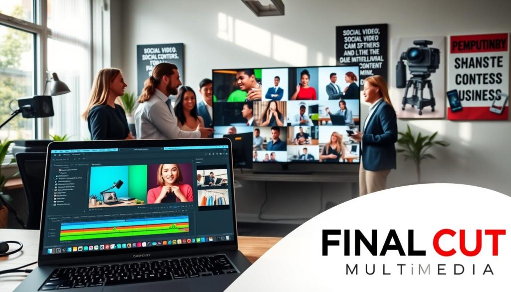 social video content creation|A modern office setting adorned with visual elements representing strategic messaging in local market competition. In the foreground