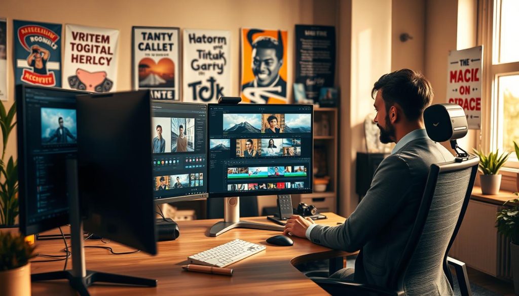 tiktok video editing services|A dynamic video editing workspace featuring a professional video editor in smart casual attire