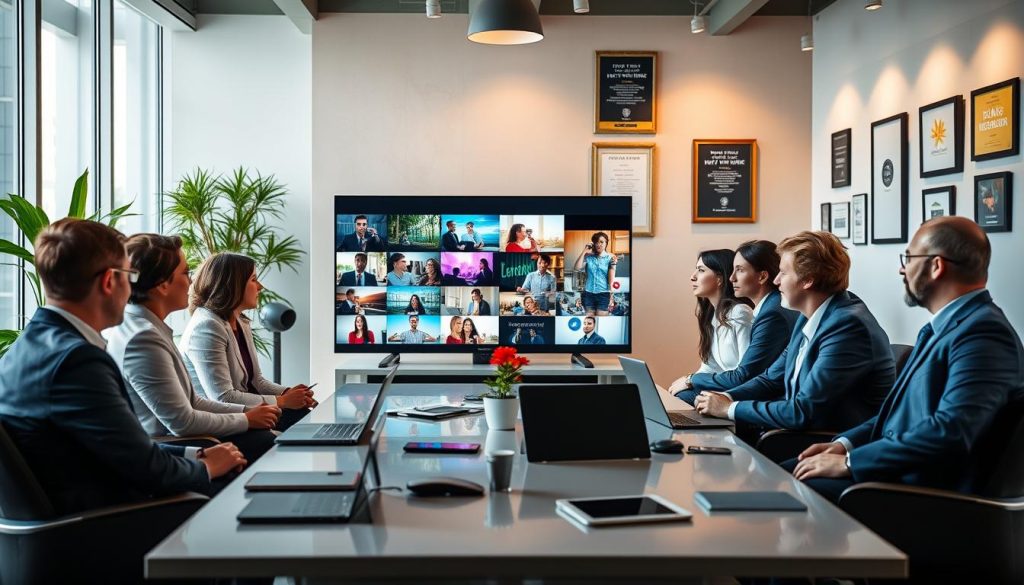 video advertising services|A dynamic scene showcasing the impact of short form video content in a digital marketing environment. In the foreground