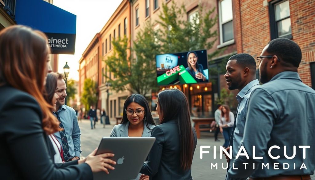 video marketing for local business|A professional office scene showcasing the concept of a "monthly content retainer." In the foreground