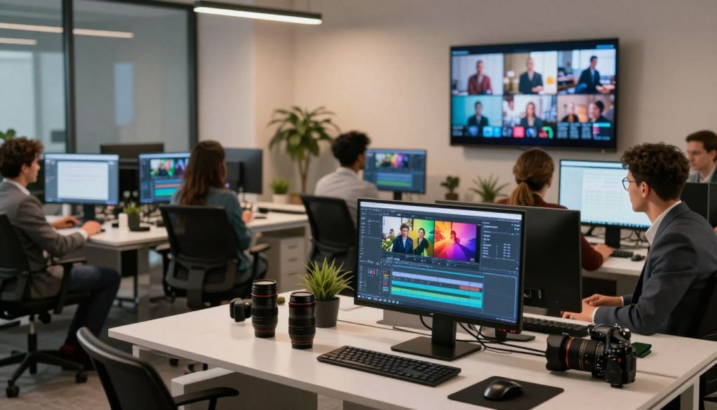 video production company|A dynamic scene showcasing a creative video production team brainstorming in a contemporary Los Angeles office space. In the foreground