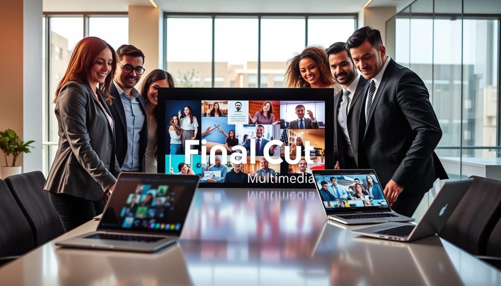 video promotion services for business|A professional business environment illustrating essential video promotion services for business growth. In the foreground