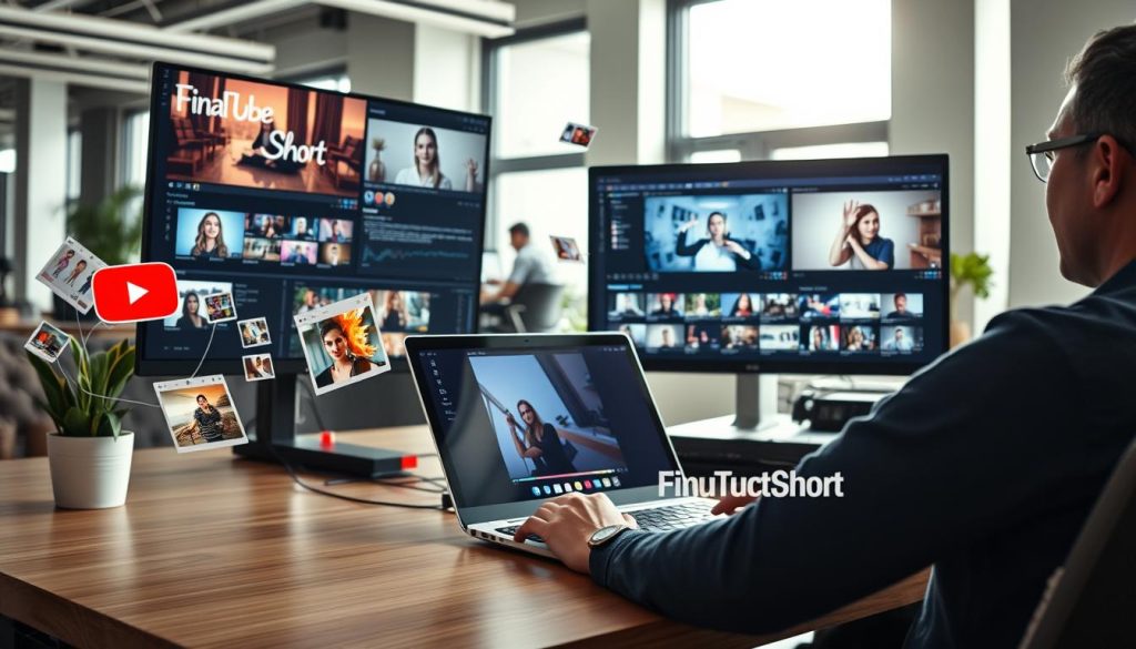 youtube short video services|A modern video editing studio showcasing a professional video editor at work. In the foreground